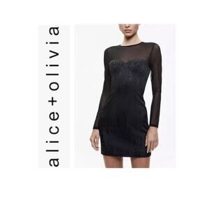 Alice + Olivia Takako Mesh Long Sleeve Minidress in Black Size 8